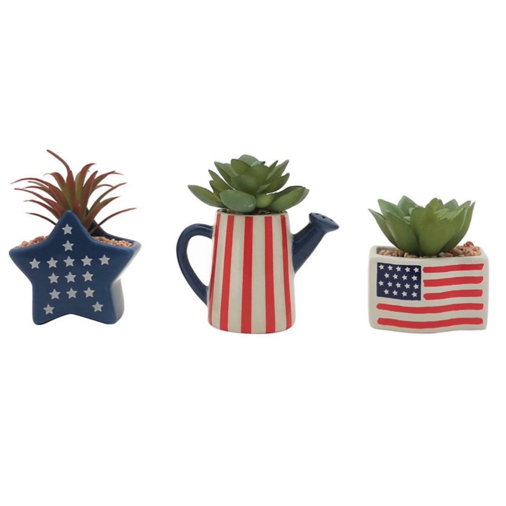 Americana-Patriotic Ceramic Pot, Plastic Succulent, Table Decor, Real Stone